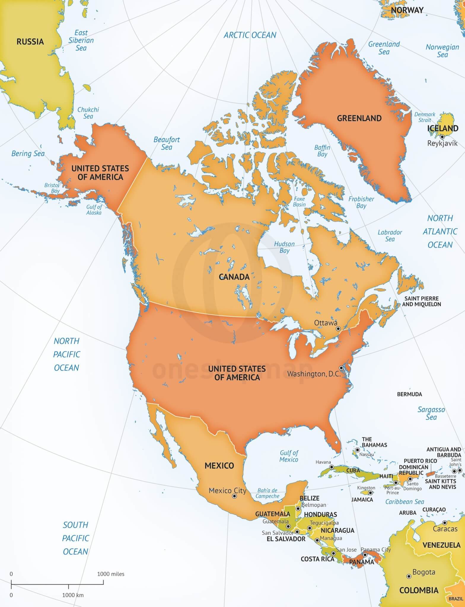Map of North America continent political