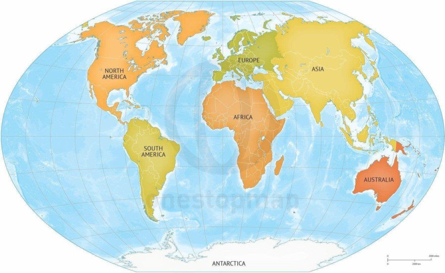 Map of World continents bathymetry
