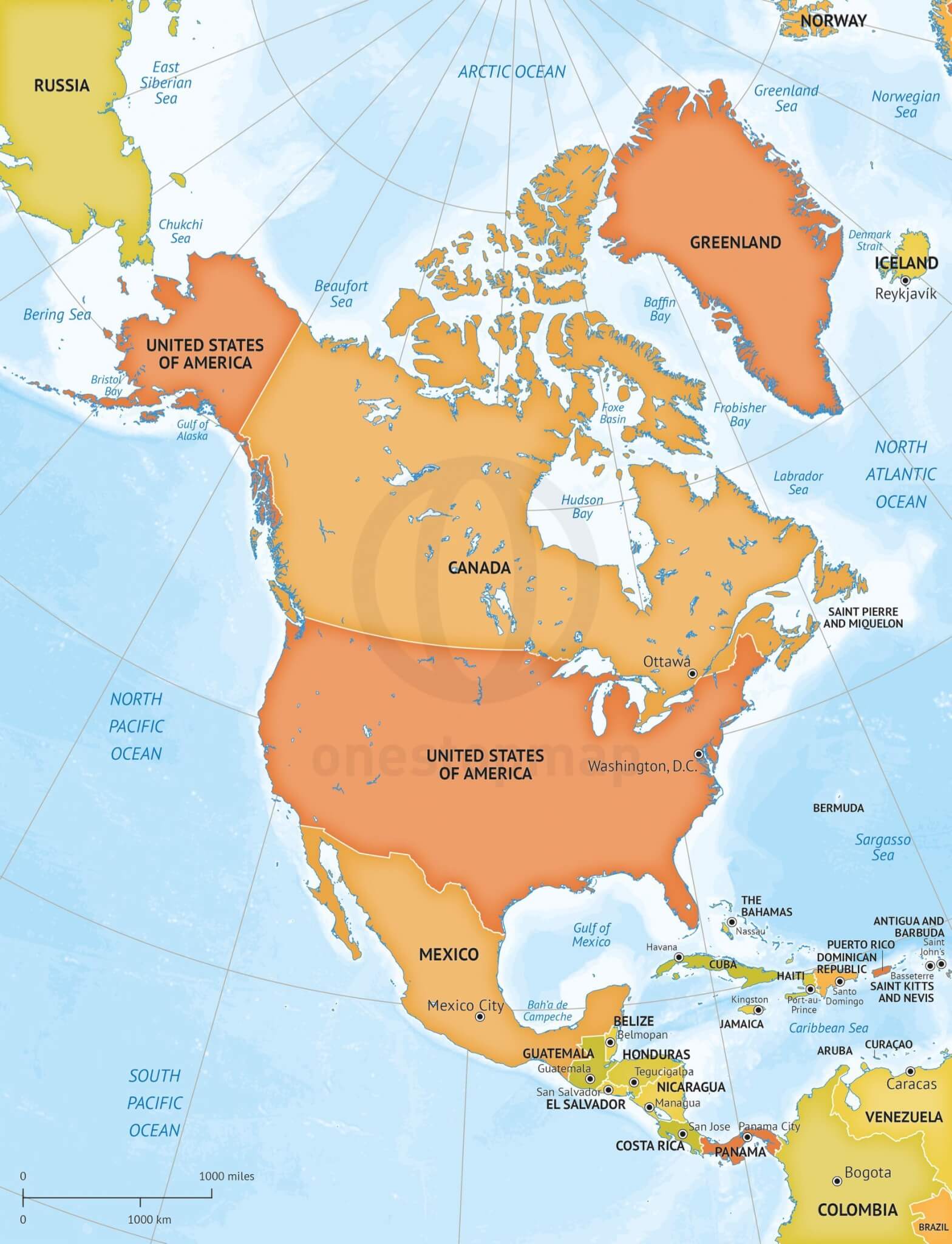 Map of North America continent political bathymetry