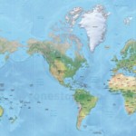 Map of World political shaded relief Mercator America centered