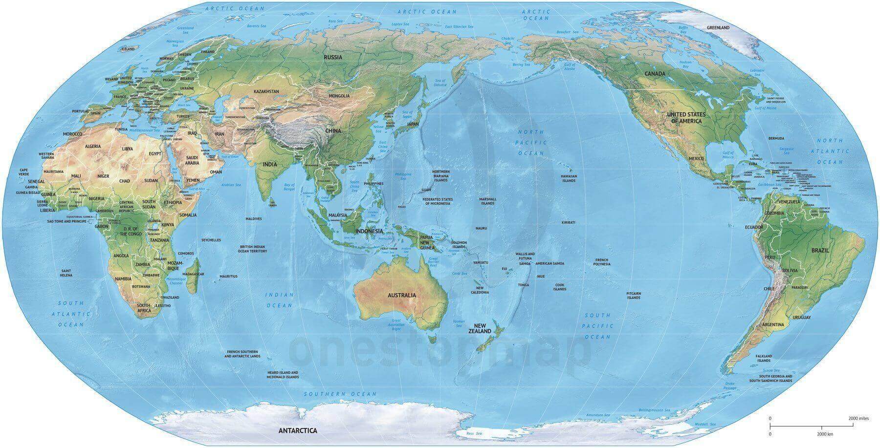 Map of World political shaded relief Robinson Asia-Australia centered
