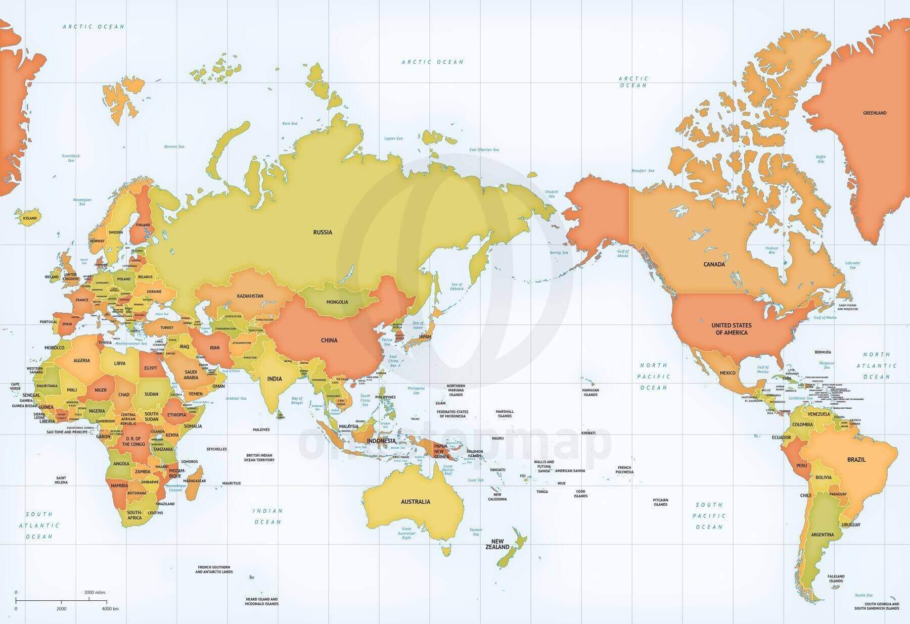 Map of World political Mercator Asia-Australia centered