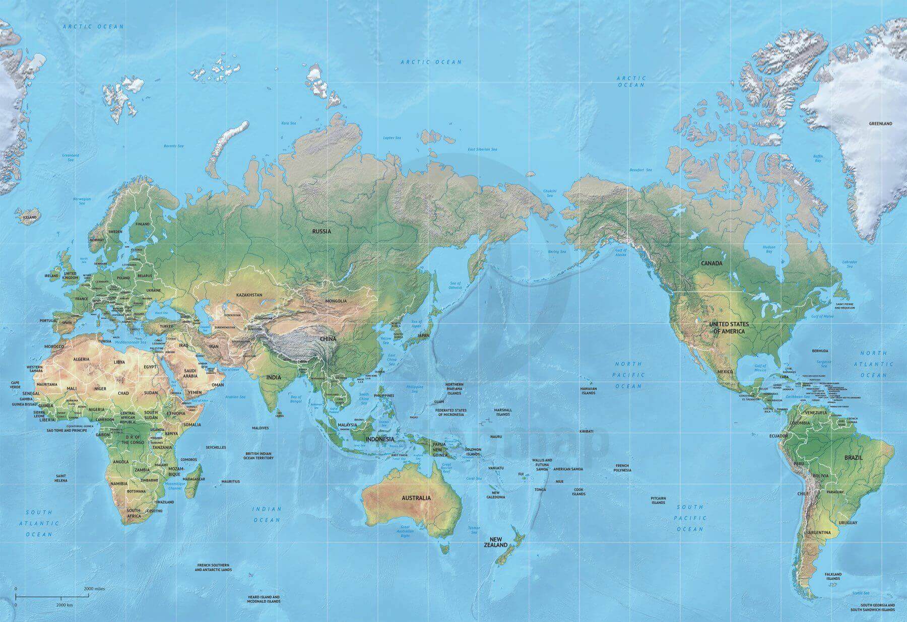 Map of World political shaded relief Mercator Asia-Australia centered