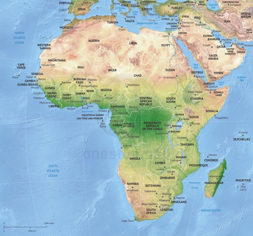 Vector map of Africa continent political with shaded relief