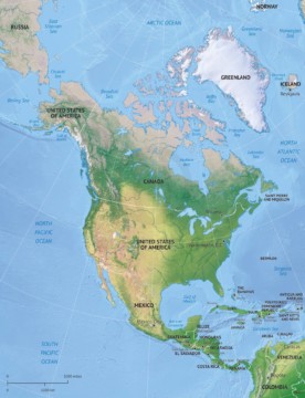 Vector map of North America continent political with shaded relief
