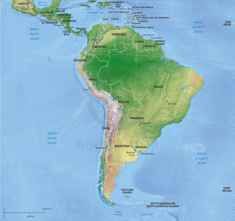 Vector map of South America continent political with shaded relief