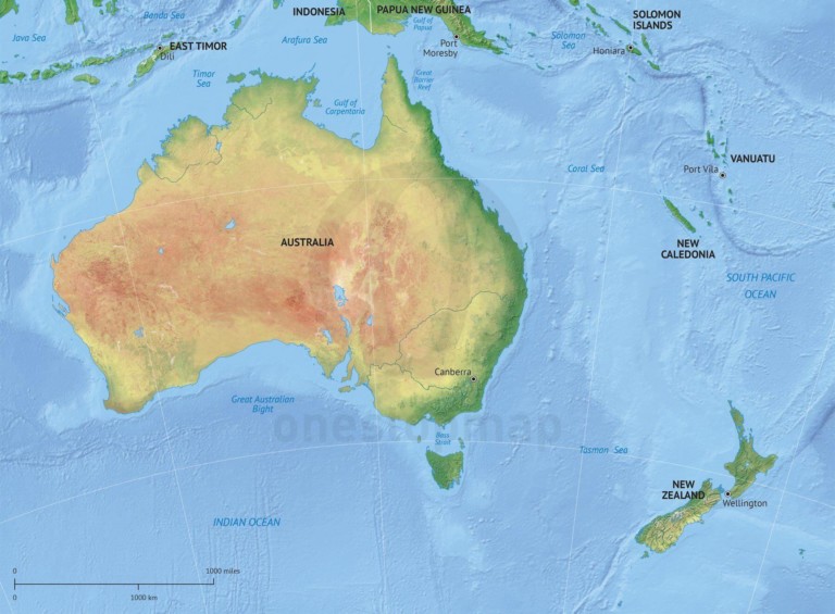 Vector map of Australia and New Zealand political with shaded relief