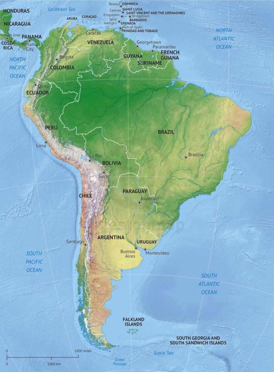 Vector map of South America political with shaded relief
