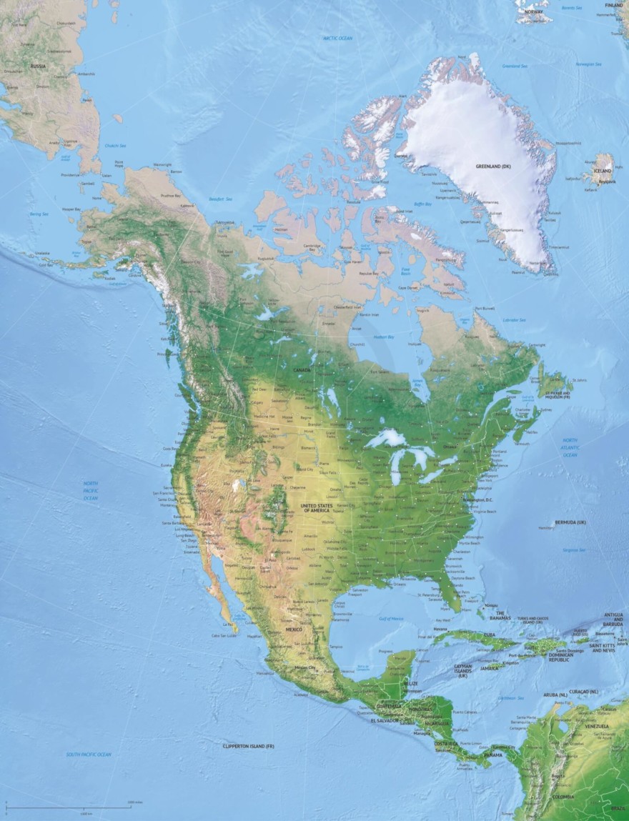 Vector map of North America continent political high detail with shaded relief