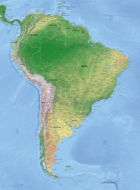 Vector map of South America continent political high detail with shaded relief
