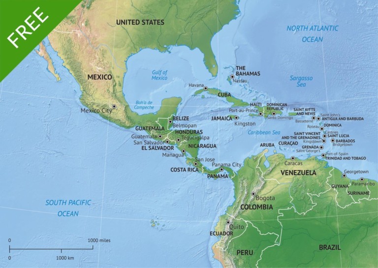 Vector map of Middle America (and Central America) political with shaded relief