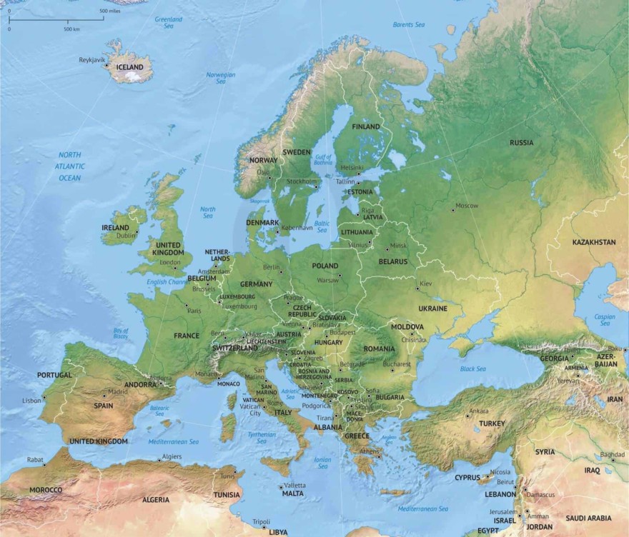 Vector map of Europe continent political with shaded relief