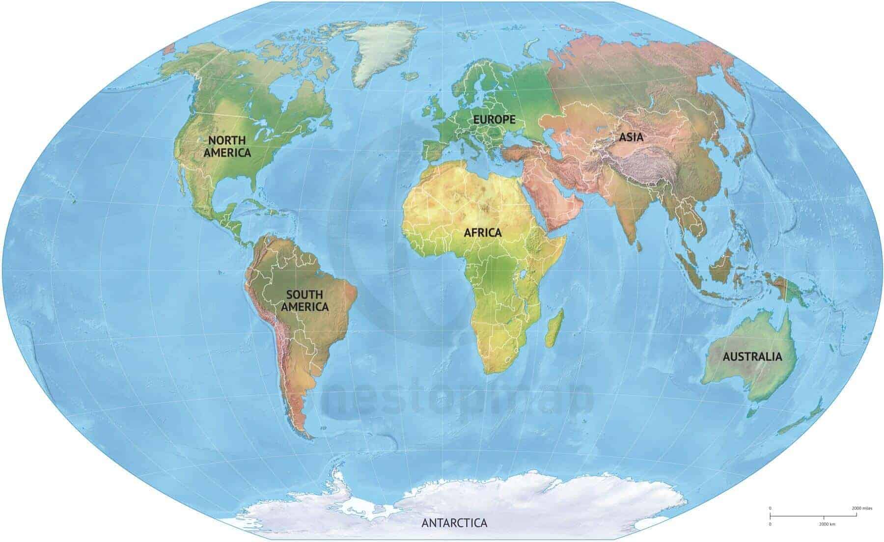 489 Map World Continents Political Shaded Relief 