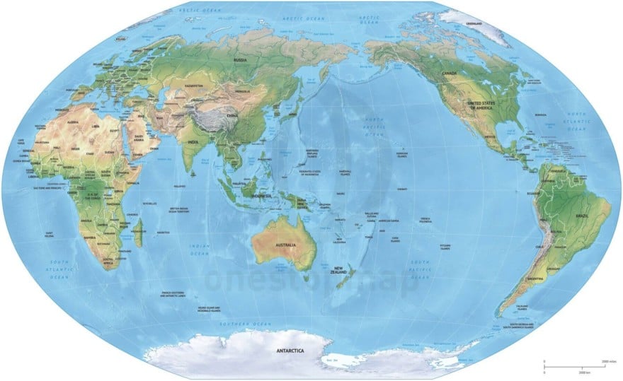 Map of World political shaded relief Winkel Tripel Asia-Australia centered