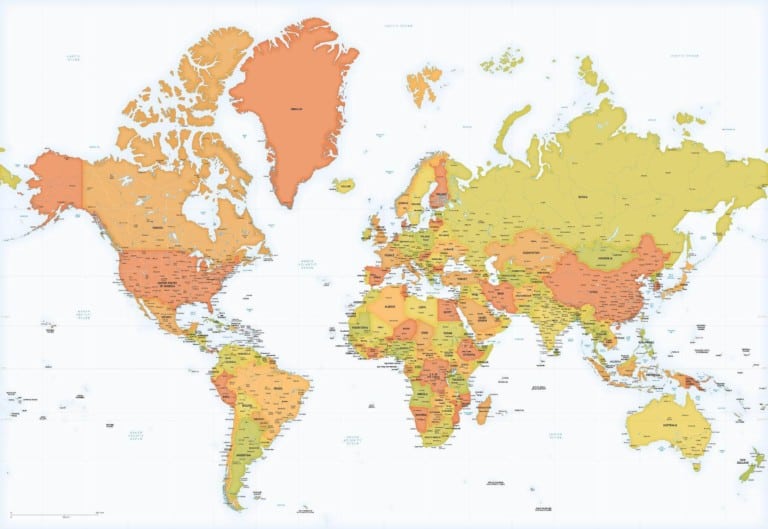 World map, Mercator projection