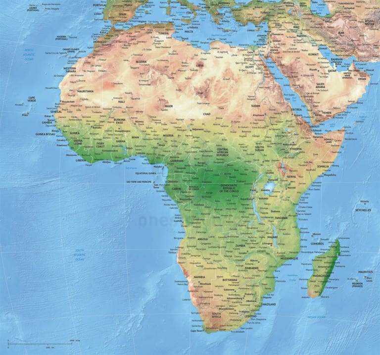 High detail political map of Africa with shaded relief