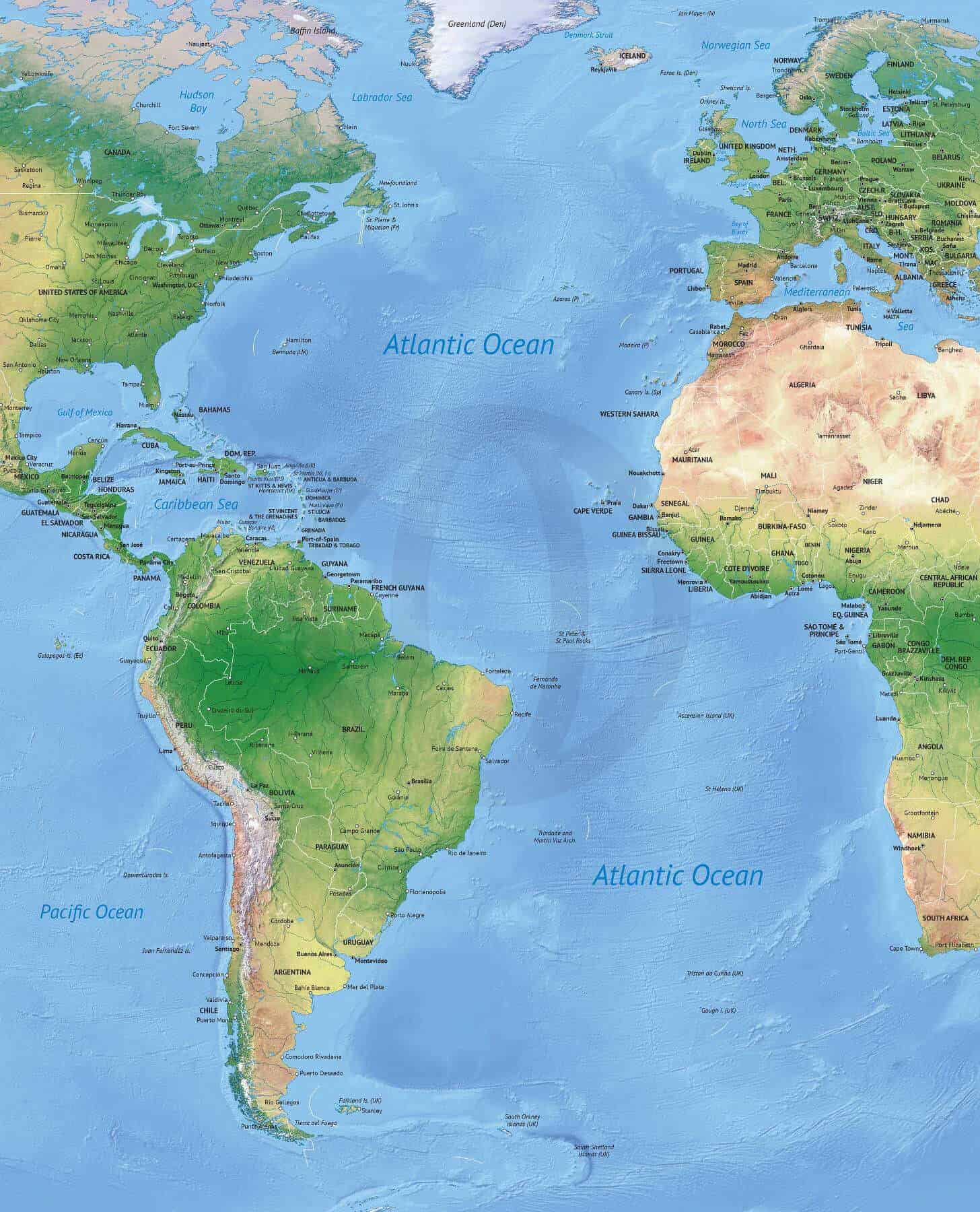 Vector Map of the Atlantic Ocean political with shaded relief | One