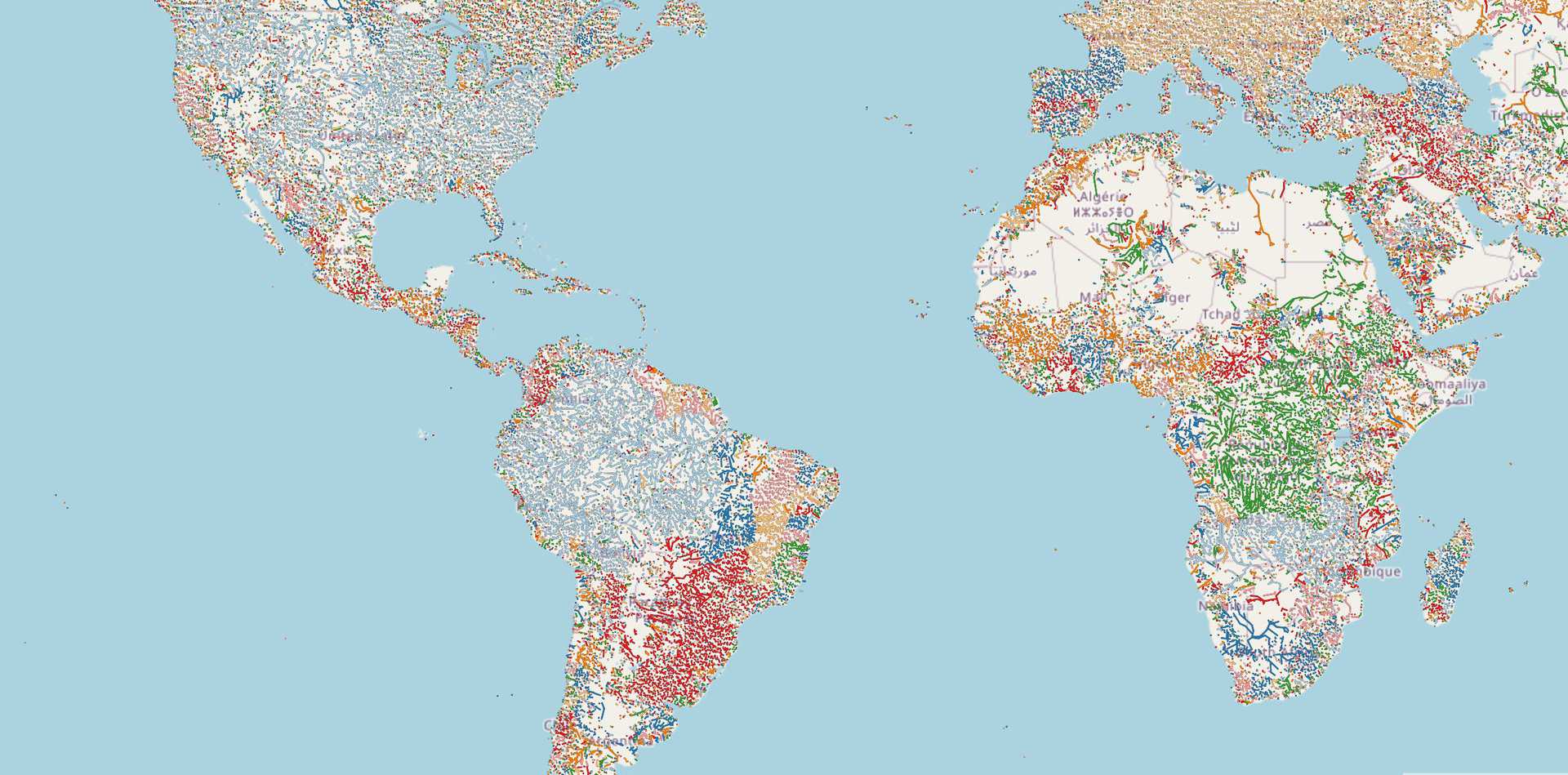 A map of the world from Waterwaymap.org with different colors on it.